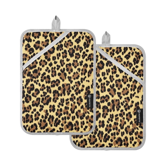 Qxltty Brown Leopard Oven Mitts 2-Pack Heat Resistant Quilted Oven Gloves with Hanging Loop for Microwave BBQ & Kitchen Use