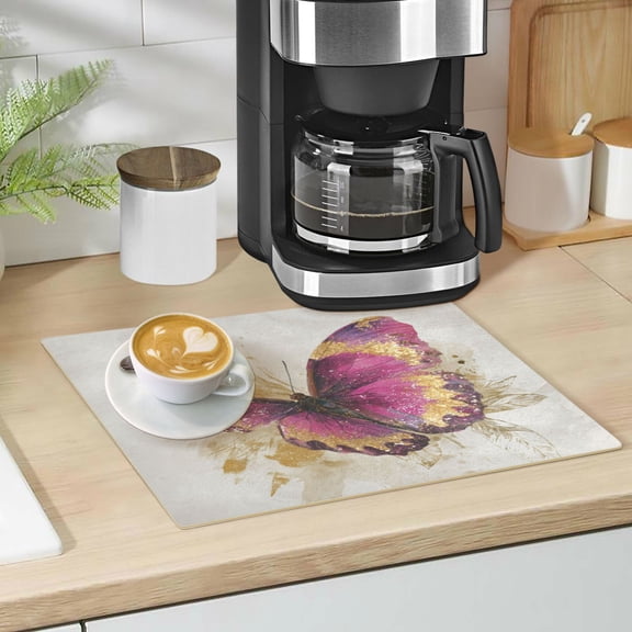 Qxltty Burgundy Butterfly Leather Drying Mat for Kitchen Countertops Coffee Mats Hide Stain Quickly Absorbs Water Tableware Decor