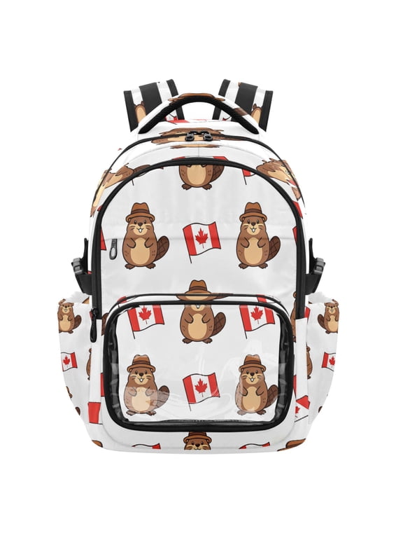 Canadian Beaver Backpack School Bookbag with Clear PVC Front Pocket, Laptop Compartment, Water Resistant Travel Daypack for Students