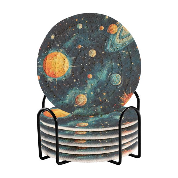 Qxltty Cartoon Degas-style Cosmic Background Drink Coasters with Holder 6pcs Handmade Woven Simple Vintage Saucer Set