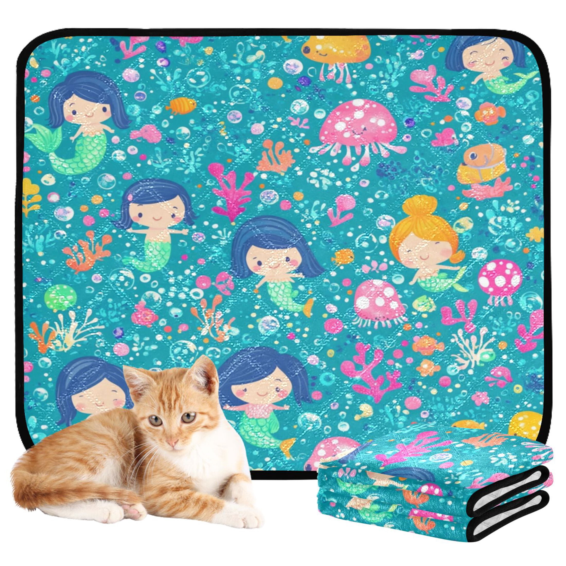 Qxltty Cartoon Mermaids Blue Pattern Cat litter Pads Pet Set of 3 Diaper Mats Center Anti-leakage Layer Absorbent Soft and Comfortable