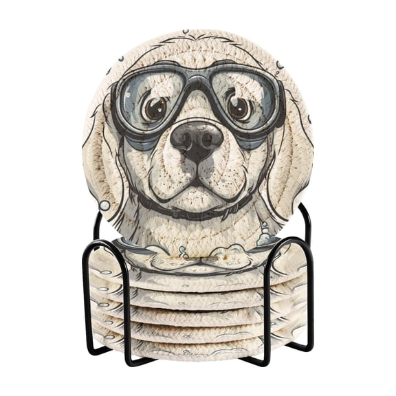 Qxltty Cartoon White Labrador Drink Coasters with Holder 6pcs Handmade Woven Simple Vintage Saucer Set