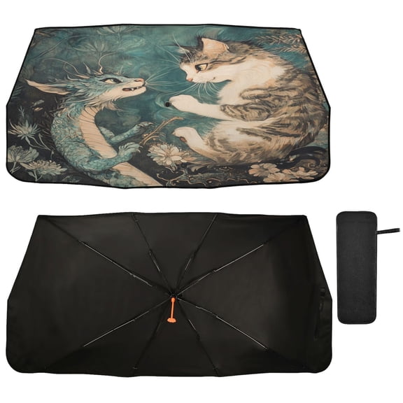 Qxltty Cat and Dragon Drawing Car Windshield Sunshade Umbrella Quality Black Rubberized Fabric Can Effectively Block UV Rays Heat