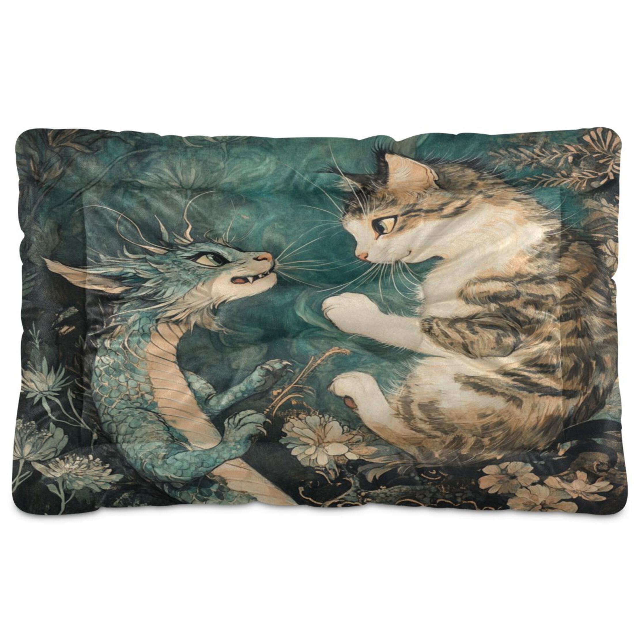 Qxltty Cat and Dragon Drawing Ped Pad Wear-resistant and Hard to Bite Through Sleeping Pad for Small Medium Large Dogs Winter Pet Bed 36×24in