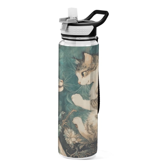 Qxltty Cat and Dragon Drawing Water Bottle 32 oz with Straw BPA Free Reusable Fitness Sport Bottle Perfect for Travel School Outdoors and Gym