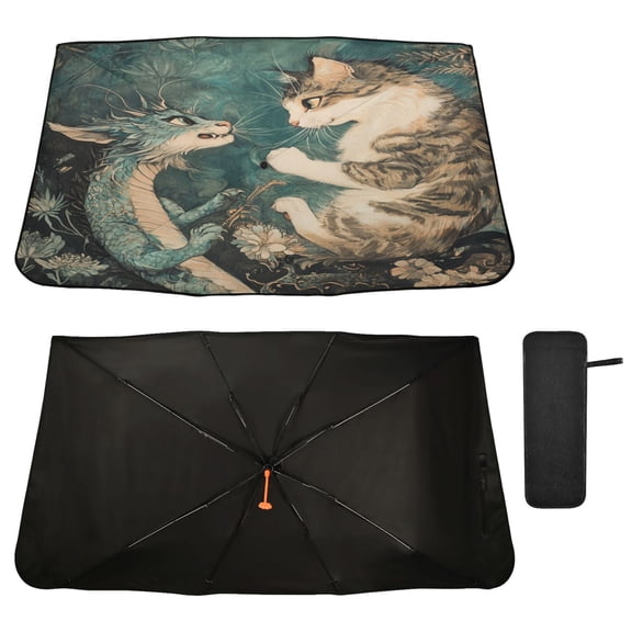 Qxltty Cat and Dragon Drawing Windshield Sun Shade Umbrella Protect Car from Sunrays and Heat Damage Keep Cool and Interior
