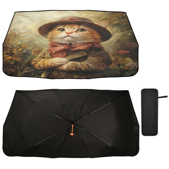 Qxltty Cat in An Army Coat Car Windshield Sunshade Umbrella Quality Black Rubberized Fabric Can Effectively Block UV Rays Heat