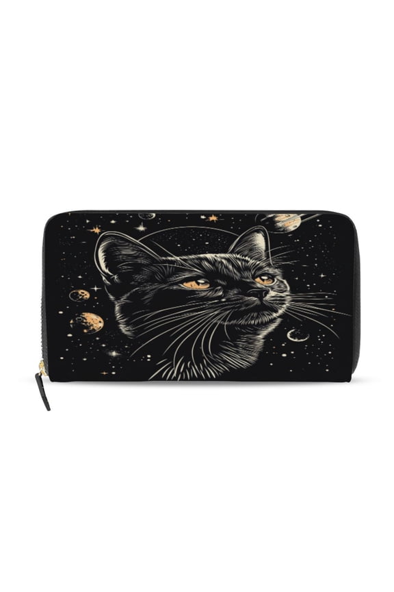 Cat in Space Pattern Women's Leather Wallet Fashion Retro Multi Card Holder with Cell Phone Pocket Mothers Day Gifts