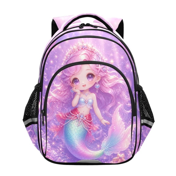 Qxltty Chibi Mermaid Backpack Lightweight Multi Pocket Daypack Reflective Bookbag with Adjustable Straps