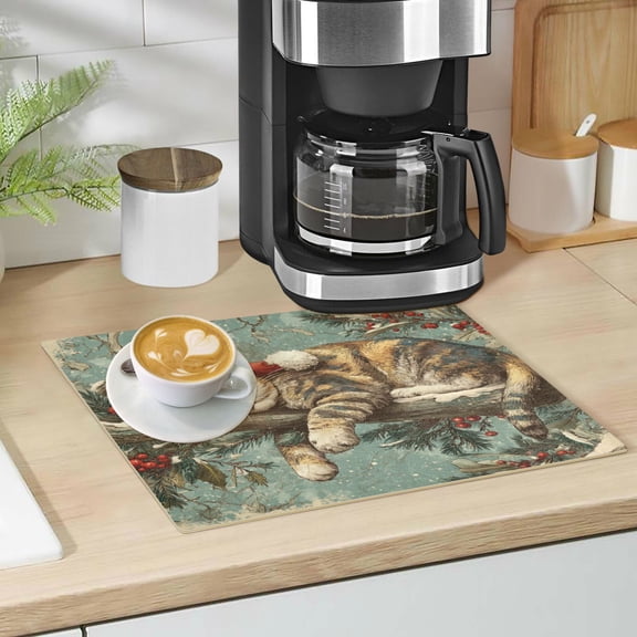 Qxltty Christmas Cute Cat Leather Drying Mat for Kitchen Countertops Coffee Mats Hide Stain Quickly Absorbs Water Tableware Decor