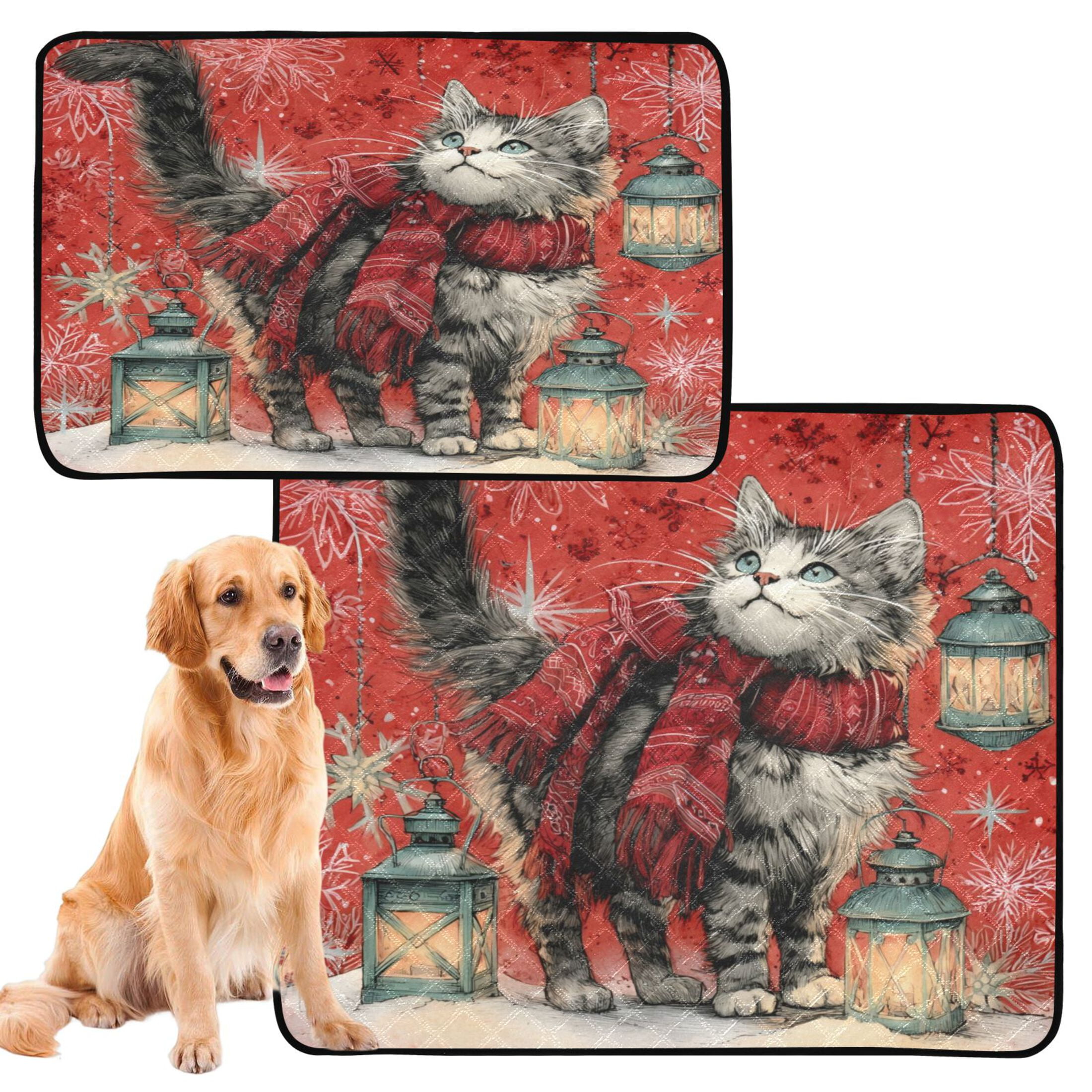 Qxltty Christmas Cute Tabby Cat Cat litter Pads Pet Set of 2 Diaper Mats Center Anti-leakage Layer Absorbent Soft and Comfortable