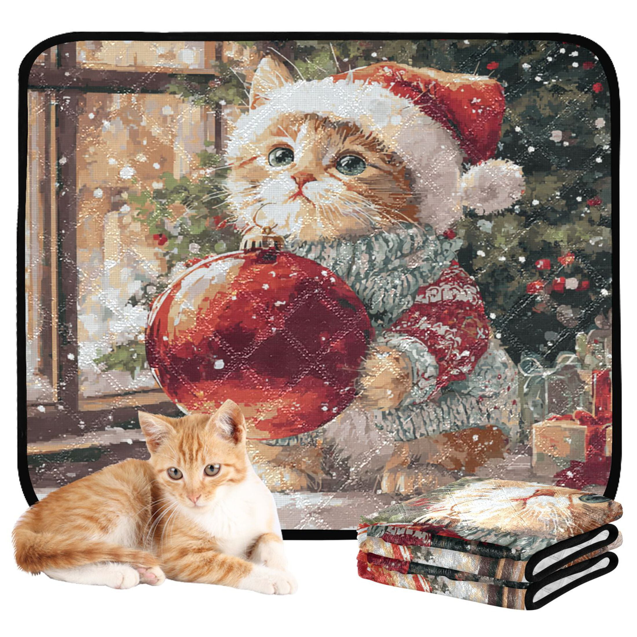Qxltty Christmas Golden Tabby Cat Cat litter Pads Pet Set of 3 Diaper Mats Center Anti-leakage Layer Absorbent Soft and Comfortable