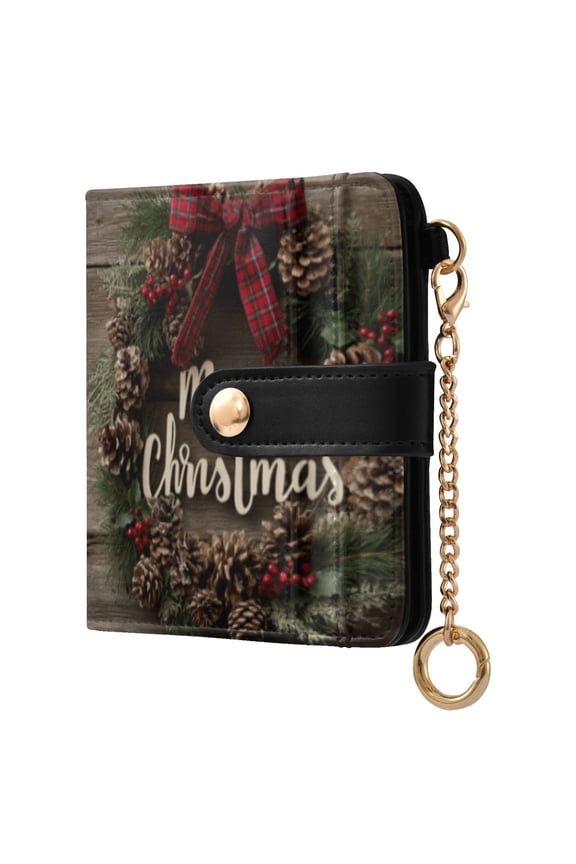 Christmas Oak Wreath Ladies Wallet Rfid Slim Thin Compact Credit Card Women Wallet Zipper Coin Pocket and ID Window for Female Gifts