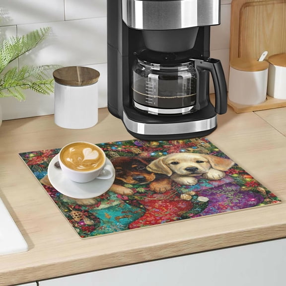 Qxltty Christmas Puppies Leather Drying Mat for Kitchen Countertops Coffee Mats Hide Stain Quickly Absorbs Water Tableware Decor