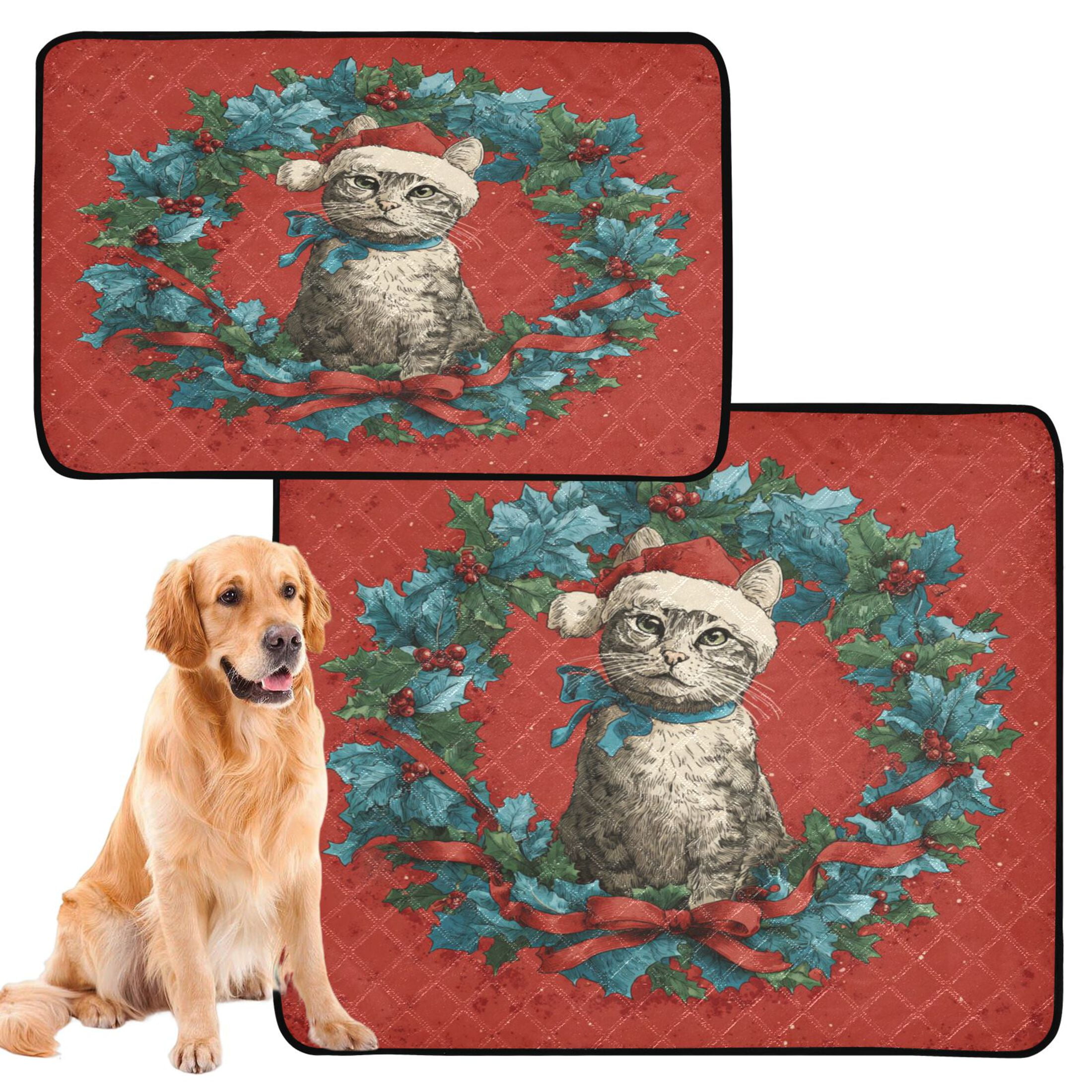 Qxltty Christmas Tabby Cat Cat litter Pads Pet Set of 2 Diaper Mats Center Anti-leakage Layer Absorbent Soft and Comfortable