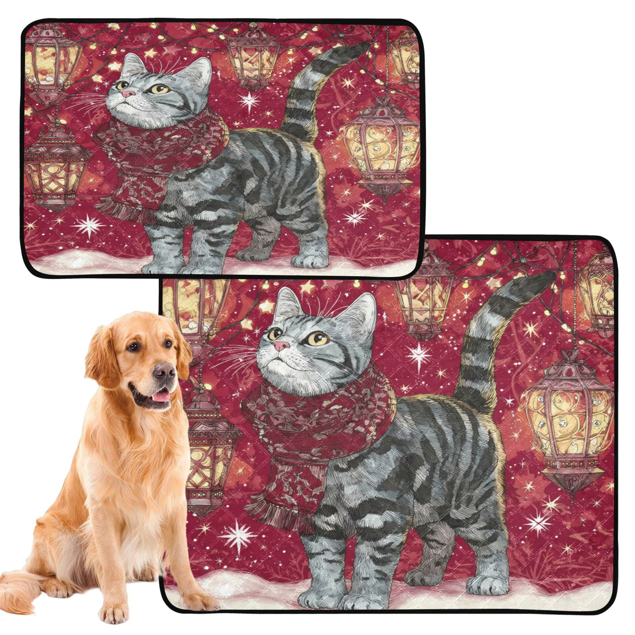 Qxltty Christmas Tabby Cat Cat litter Pads Pet Set of 2 Diaper Mats Center Anti-leakage Layer Absorbent Soft and Comfortable