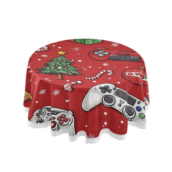 Qxltty Christmas Tree Video Game Pattern Round Tablecloth 60 Inch Dia Washable Table Cover with Dust-Proof Wrinkle Resistant for Restaurant Picnic Indoor and Outdoor Dining