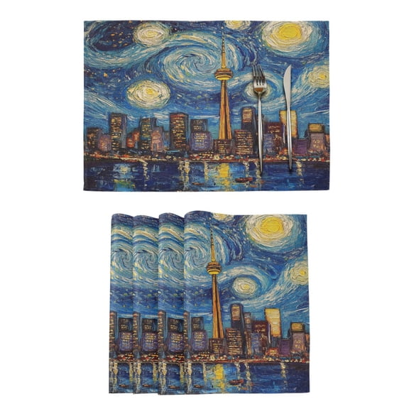 Qxltty City Night View Placemats Set of 4 Heat Resistant Non-Slip Place mat for Dining Table Washable Durable Polyester Woven Table Decorations
