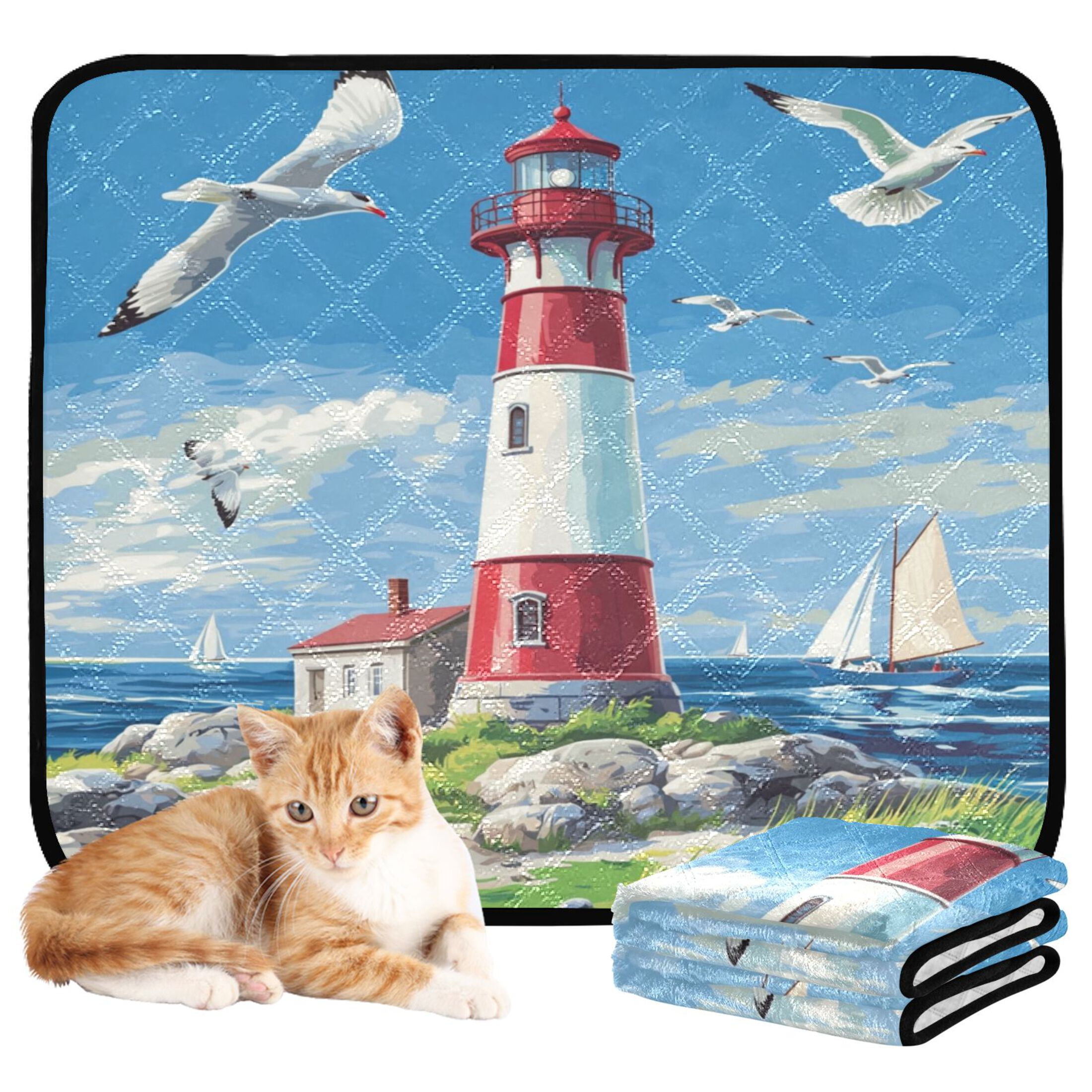 Qxltty Coastal Lighthouse Cat litter Pads Pet Set of 3 Diaper Mats Center Anti-leakage Layer Absorbent Soft and Comfortable