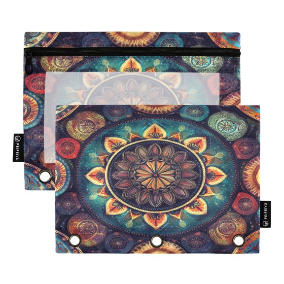 Qxltty Colorful Boho Patterns Pencil Pouches for 3 Ring Binder Clear Window Zipper Pencil Case for Office College Supplies