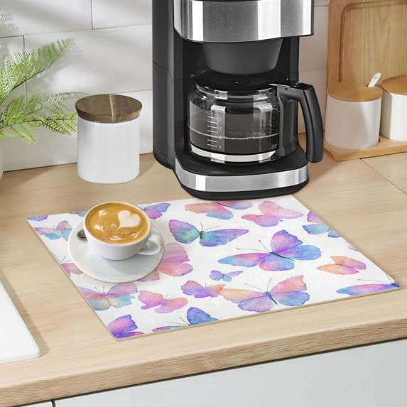 Qxltty Colorful Butterflies Leather Drying Mat for Kitchen Countertops Coffee Mats Hide Stain Quickly Absorbs Water Tableware Decor