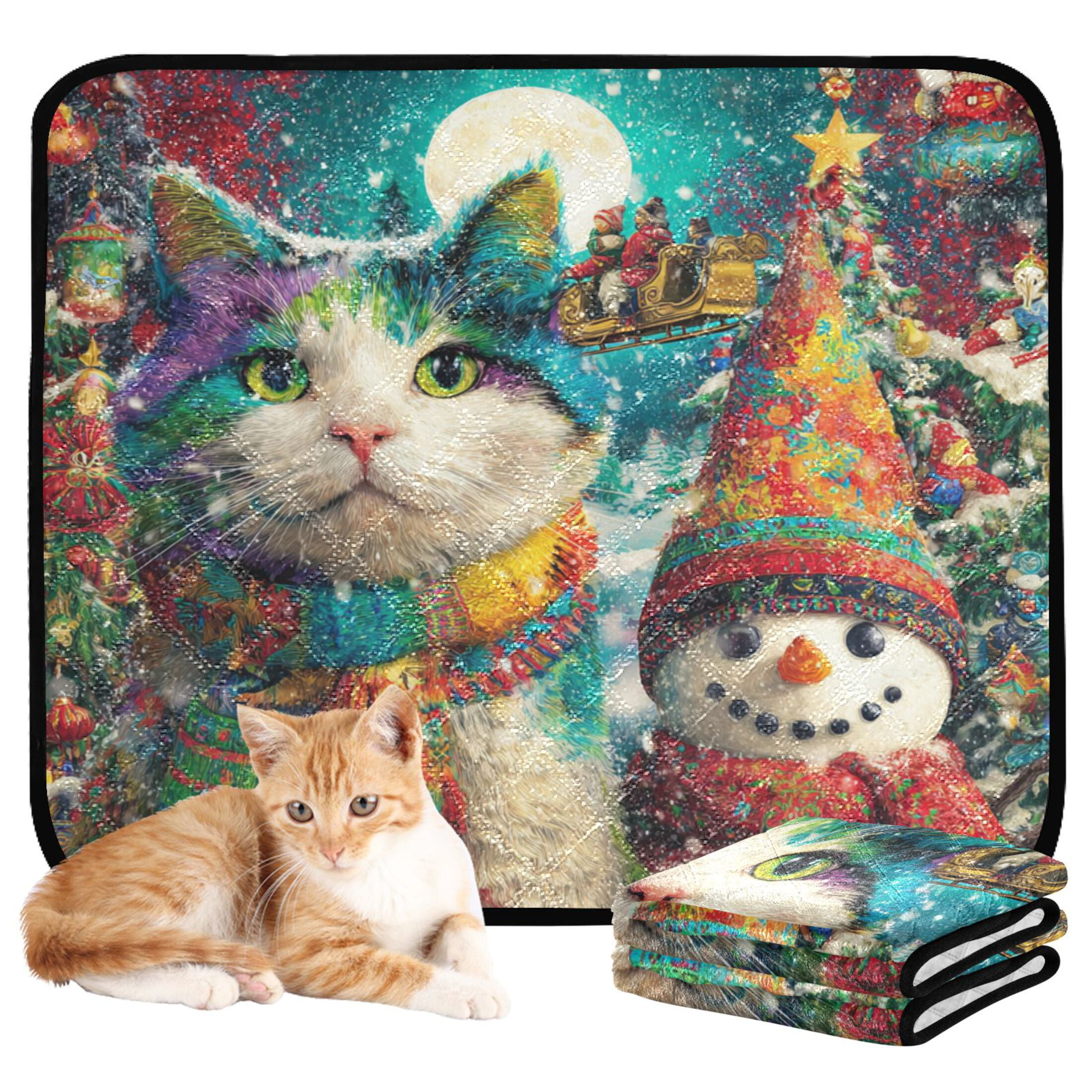 Qxltty Colorful Cat and Snowman Cat litter Pads Pet Set of 3 Diaper Mats Center Anti-leakage Layer Absorbent Soft and Comfortable