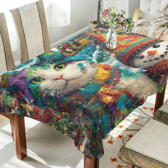 Qxltty Colorful Cat and Snowman Square Tablecloth 60×120in Thick Wrinkle Resistant Heat Proof Durable Table Cover for Dining Table
