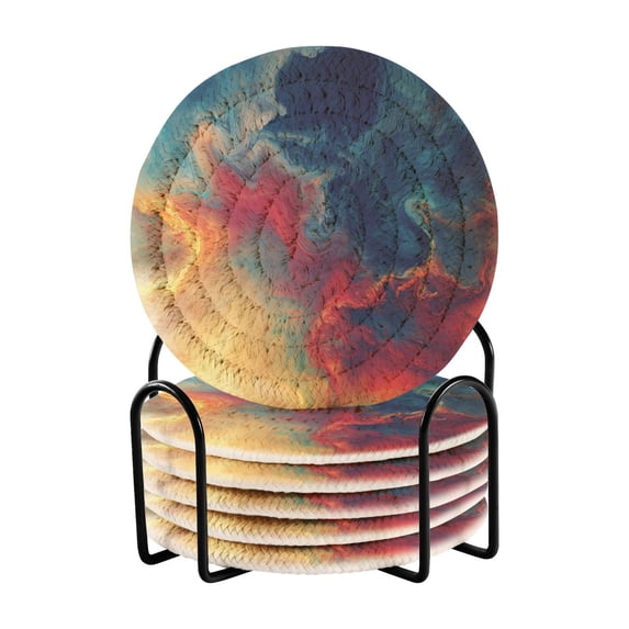 Qxltty Colorful Flow Pattern Drink Coasters with Holder 6pcs Handmade Woven Simple Vintage Saucer Set