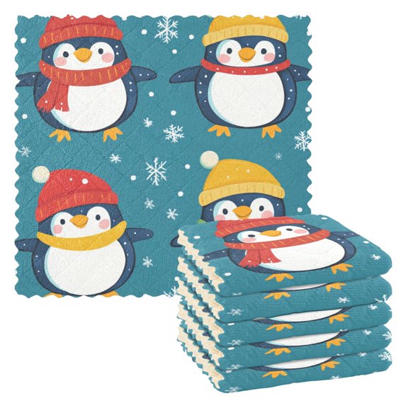 Qxltty Colorful Scarf Penguin Pattern Kitchen Towels Set of 6 Ultra Soft Absorbent Quick Drying Dish Cloths 11 x 11in