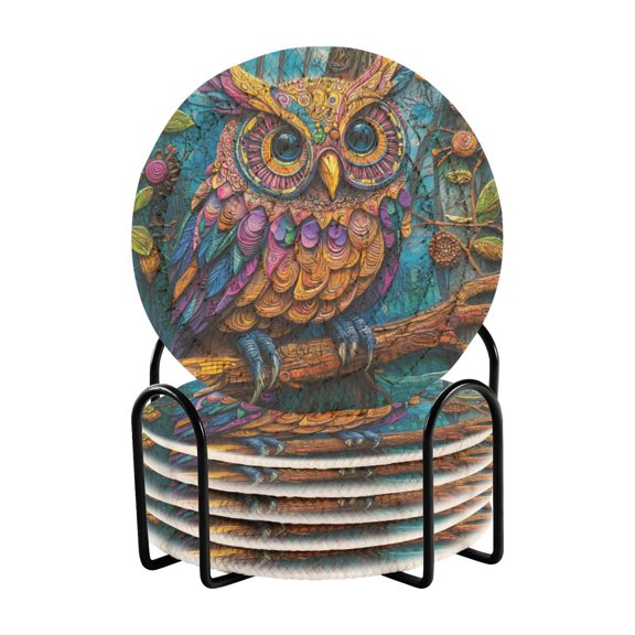 Qxltty Complex Camo Owl Drink Coasters with Holder 6pcs Handmade Woven Simple Vintage Saucer Set