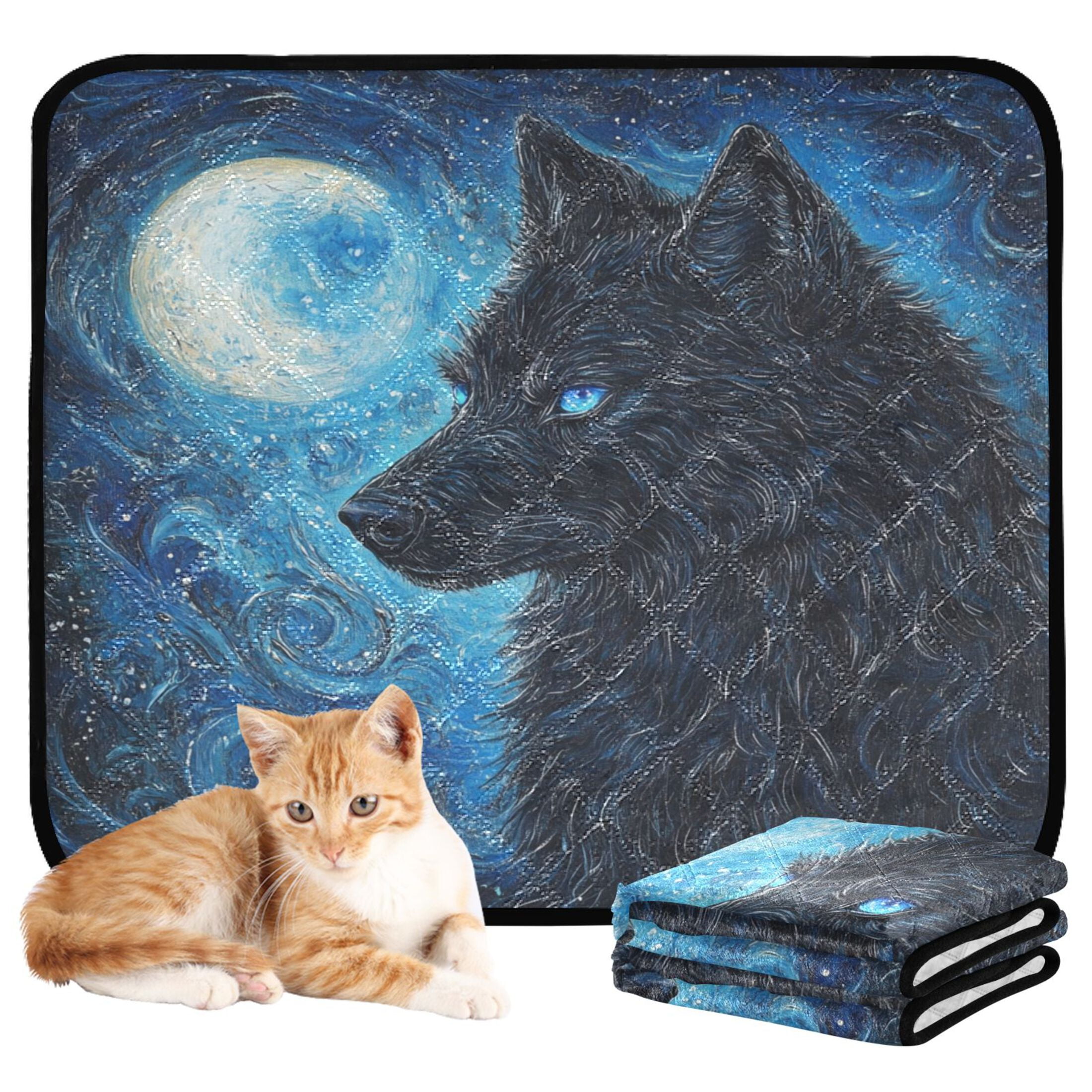 Qxltty Cool Black Wolf Cat litter Pads Pet Set of 3 Diaper Mats Center Anti-leakage Layer Absorbent Soft and Comfortable
