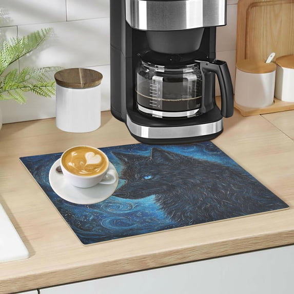 Qxltty Cool Black Wolf Leather Drying Mat for Kitchen Countertops Coffee Mats Hide Stain Quickly Absorbs Water Tableware Decor