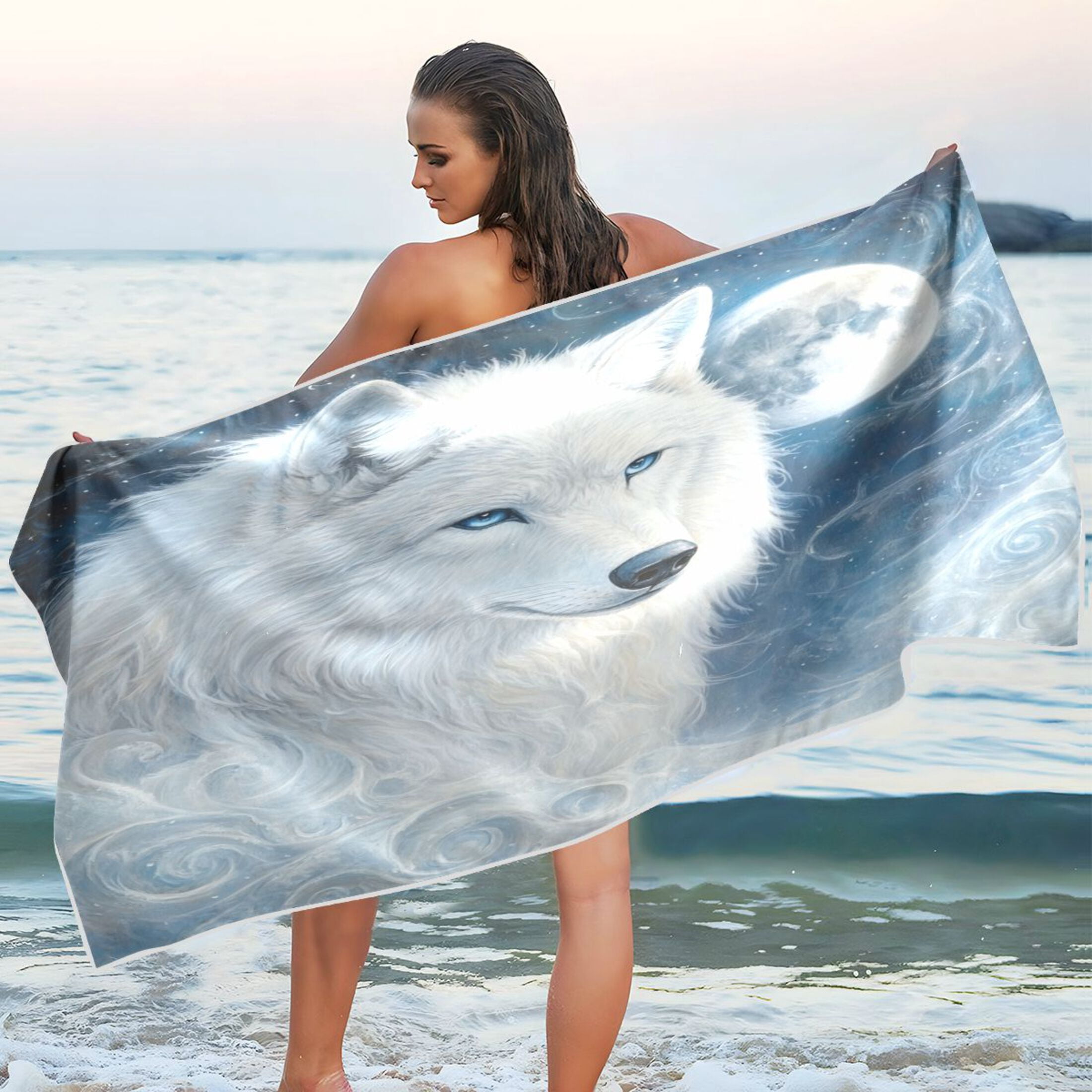 Qxltty Cool White Wolf Beach Towel Sand Free Bath Towel Absorbent Quick Dry Soft Lightweight Blanket for Travel Gym Camping 71x31in
