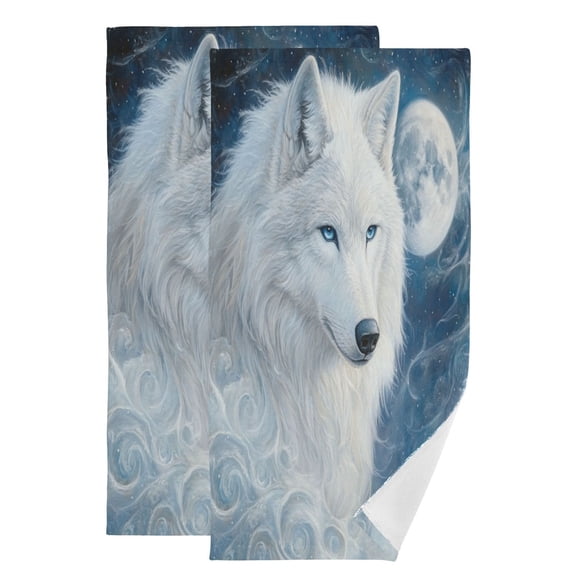 Qxltty Cool White Wolf Face Towel Set of 2 Polyester Cotton Soft Bath Towels for Bathroom Kitchen Hotel Spa 28.3x14.4in