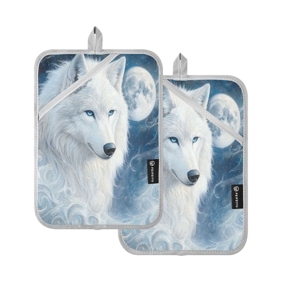 Qxltty Cool White Wolf Oven Mitts 2-Pack Heat Resistant Quilted Oven Gloves with Hanging Loop for Microwave BBQ & Kitchen Use