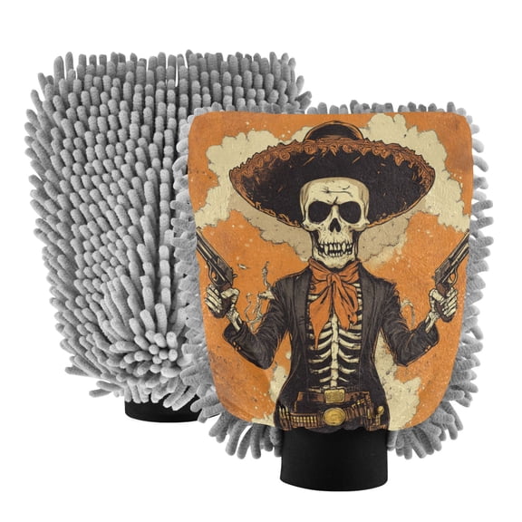 Qxltty Cowboy Skull Car Wash Mitt 2pcs Scratch Free Lint-Free Antistatic Microfiber 7.09×10.24in