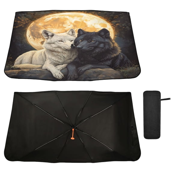 Qxltty Cozy Two Wolves Windshield Sun Shade Umbrella Protect Car from Sunrays and Heat Damage Keep Cool and Interior