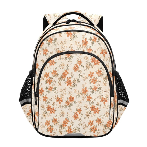Qxltty Cream Orange Floral Backpack Lightweight Multi Pocket Daypack Reflective Bookbag with Adjustable Straps