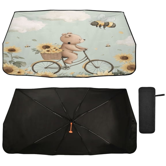 Qxltty Cut Bear Riding Bicycle Car Windshield Sunshade Umbrella Quality Black Rubberized Fabric Can Effectively Block UV Rays Heat