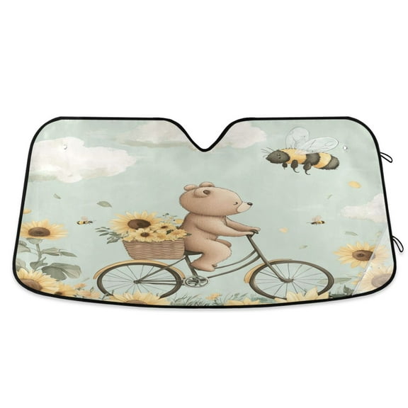 Qxltty Cut Bear Riding Bicycle Car Windshield Sunshades Foldable UV Rays Sun Visor Protector Keep Your Vehicle Cool 55×27.6in