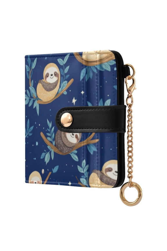 Cute Cartoon Sloth Pattern with Blue Background Ladies Wallet Rfid Slim Thin Compact Credit Card Women Wallet Zipper Coin Pocket and ID Window for Female Gifts
