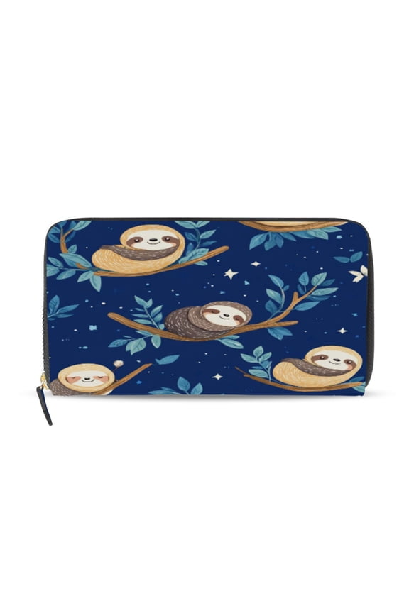 Cute Cartoon Sloth Pattern with Blue Background Women's Leather Wallet Fashion Retro Multi Card Holder with Cell Phone Pocket Mothers Day Gifts