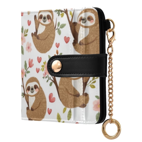 Qxltty Cute Cartoon Sloth Pattern with Hearts and Flowers Ladies Wallet Rfid Slim Thin Compact Credit Card Women Wallet Zipper Coin Pocket and ID Window for Female Gifts