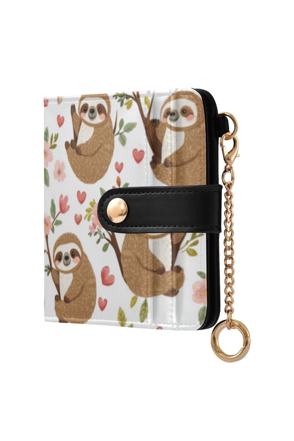 Cute Cartoon Sloth Pattern with Hearts and Flowers Ladies Wallet Rfid Slim Thin Compact Credit Card Women Wallet Zipper Coin Pocket and ID Window for Female Gifts