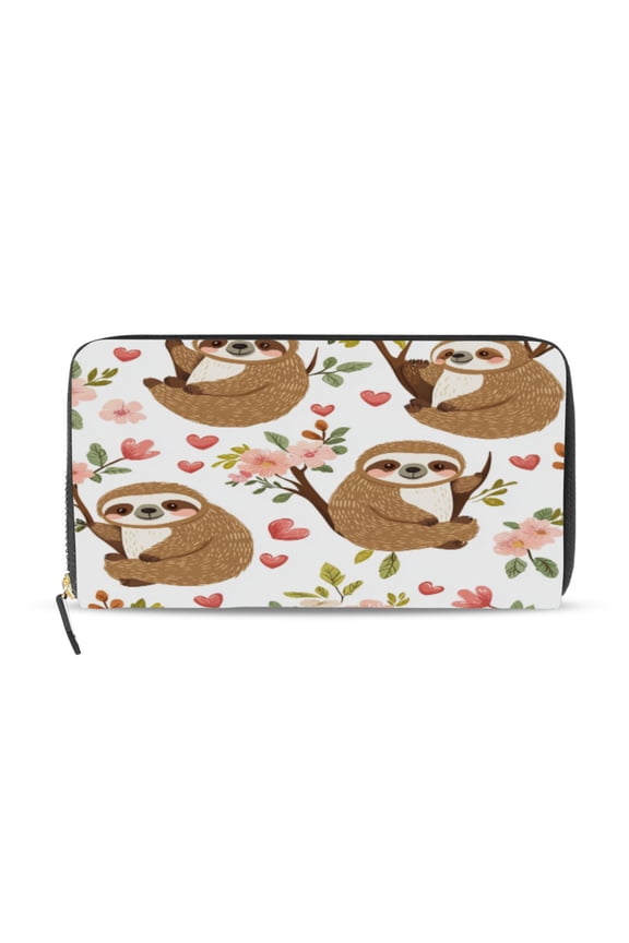Cute Cartoon Sloth Pattern with Hearts and Flowers Women's Leather Wallet Fashion Retro Multi Card Holder with Cell Phone Pocket Mothers Day Gifts