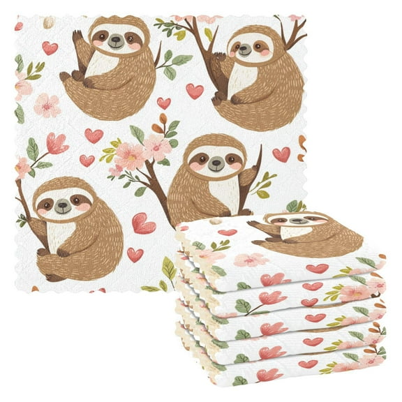 Qxltty Cute Cartoon Sloth Pattern with Hearts and Flowers Kitchen Towels Set of 6 Ultra Soft Absorbent Quick Drying Dish Cloths 11 x 11in
