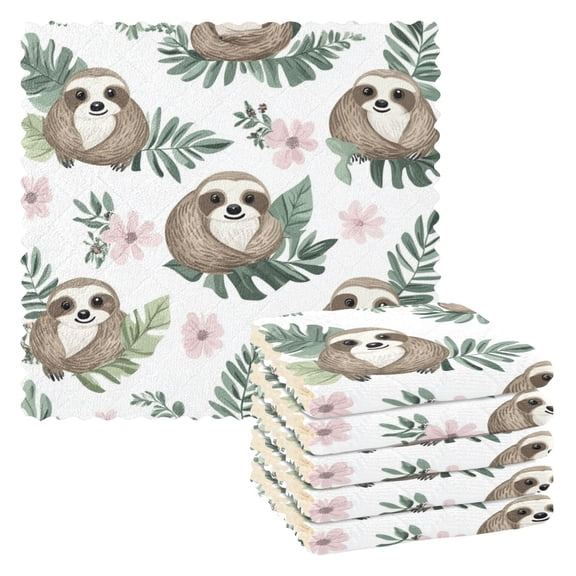 Qxltty Cute Cartoon Sloth Pattern with Tropical Leaves Kitchen Towels Set of 6 Ultra Soft Absorbent Quick Drying Dish Cloths 11 x 11in