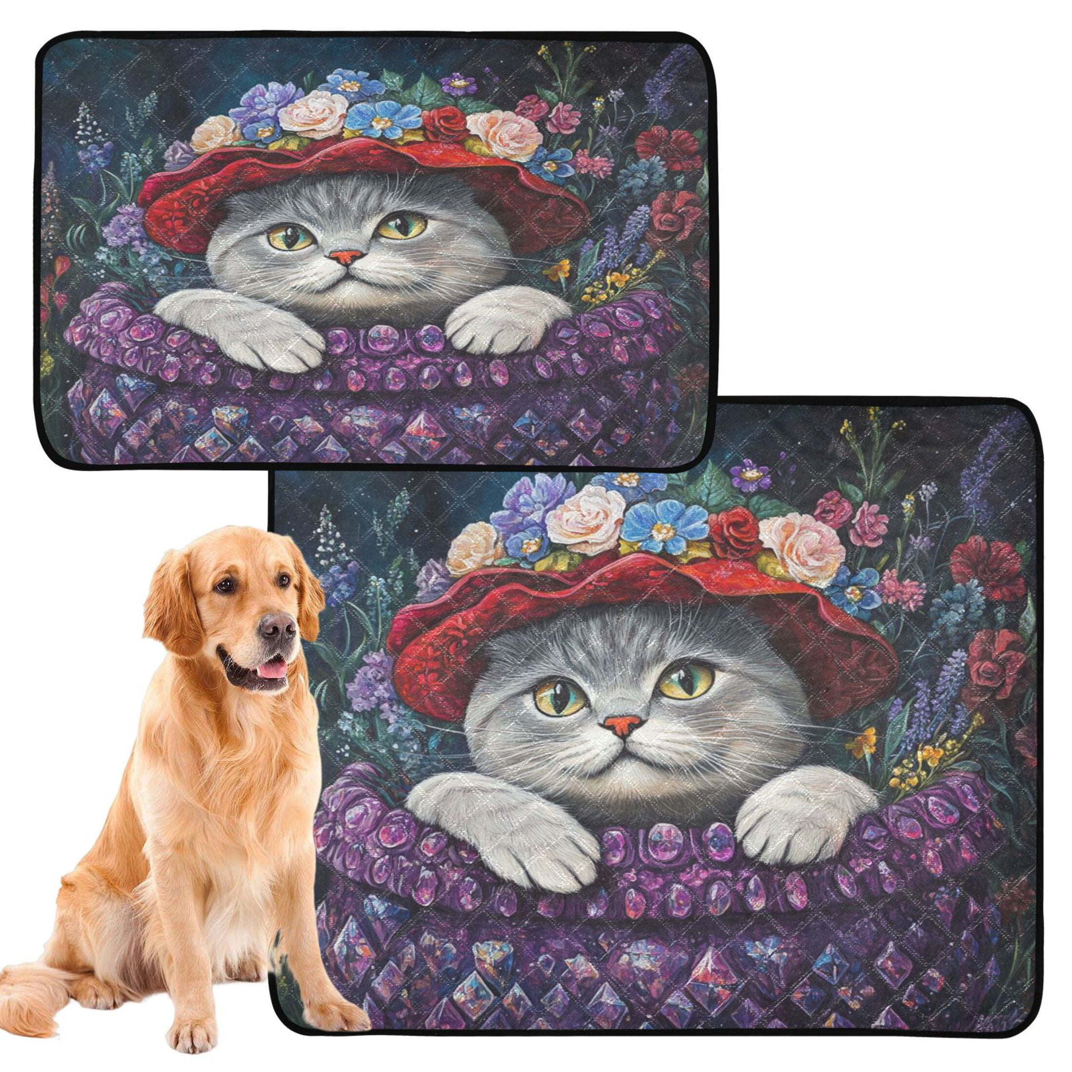 Qxltty Cute Cat Wearing Wreath Cat litter Pads Pet Set of 2 Diaper Mats Center Anti-leakage Layer Absorbent Soft and Comfortable