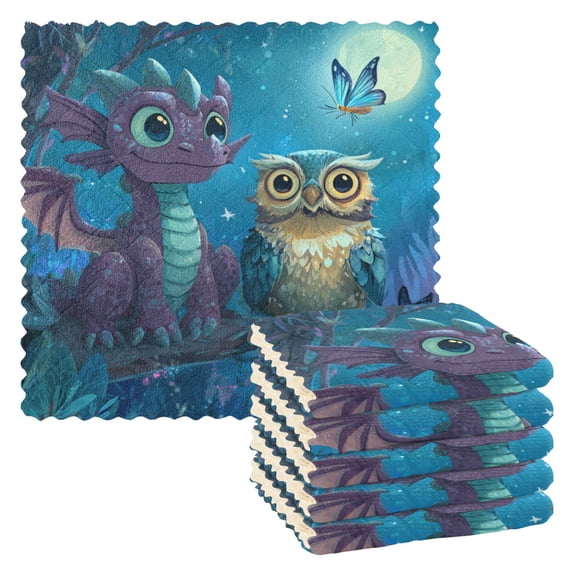 Qxltty Cute Dragon Owl 6 Pack Dish Cloths Dish Towels Reusable Kitchen Hand Towels 1111in