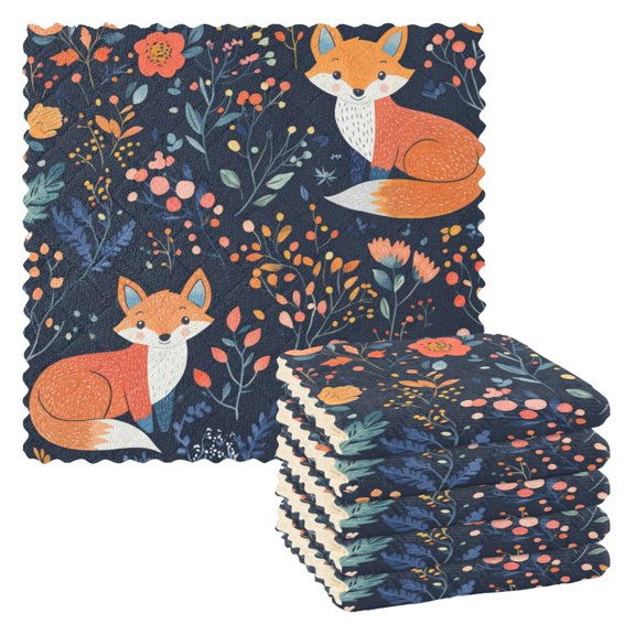 Qxltty Cute Fox Patterns Kitchen Towels Set of 6 Ultra Soft Absorbent Quick Drying Dish Cloths 11 x 11in